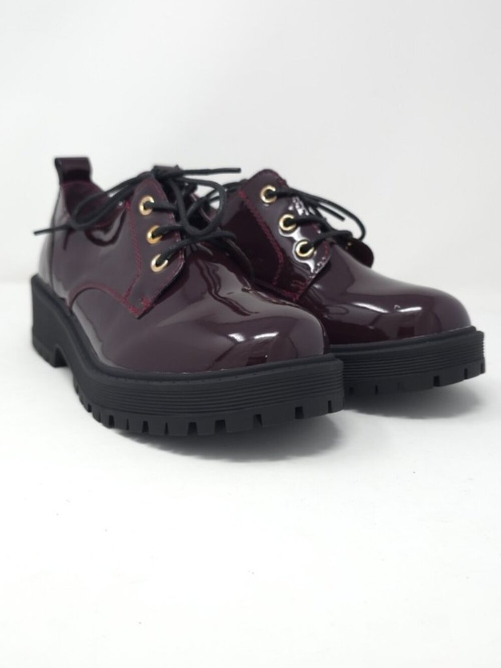 Chunky Platform Faux Leather Oxford Patent Wine Lug Sole Lace Up - Picture 2 of 11